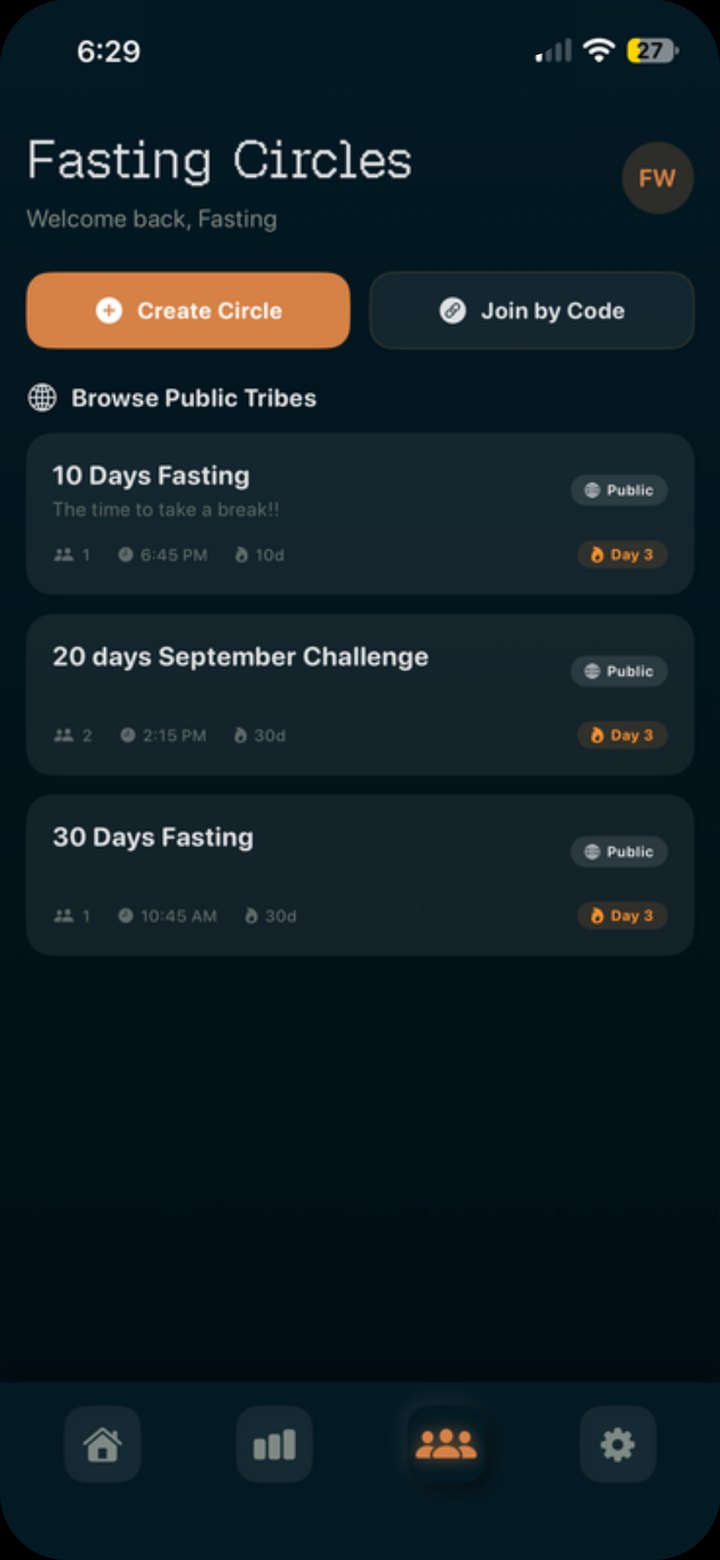 NURU Fasting Circles screen: create a circle, join by code, and browse public tribes